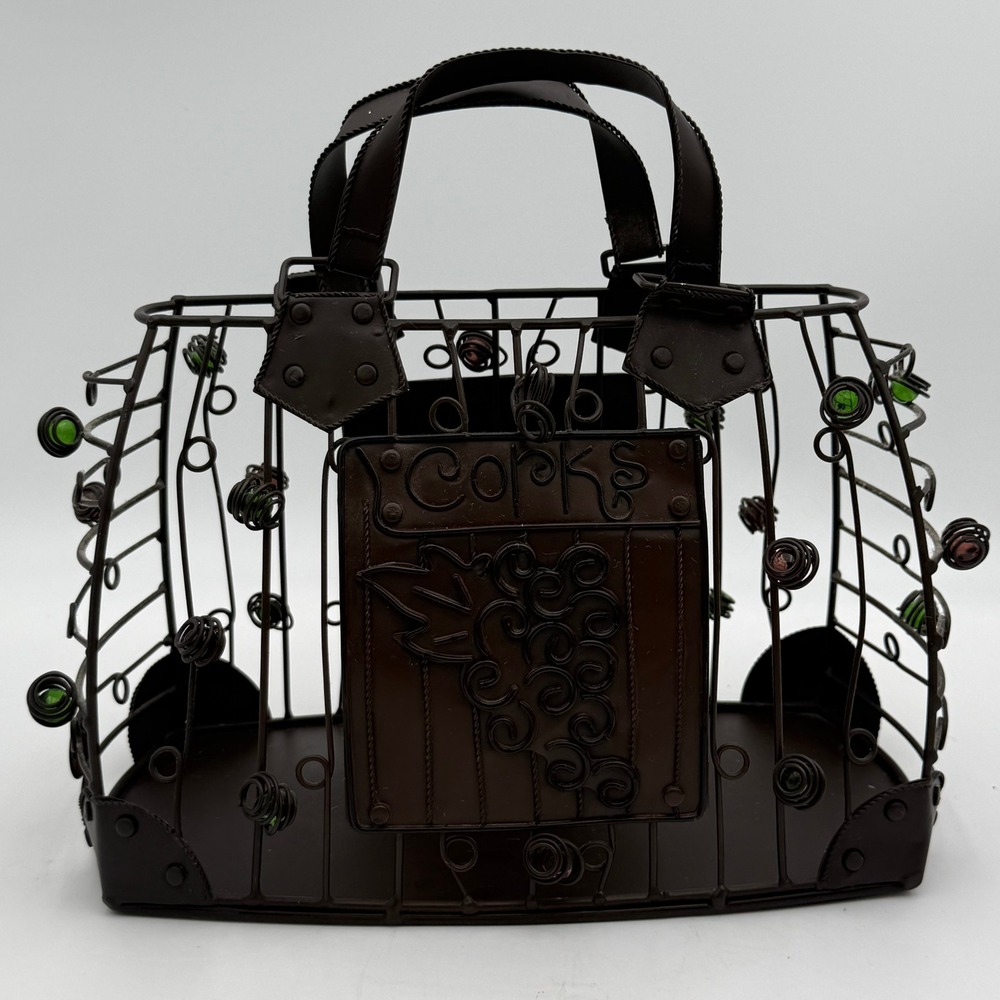 Epic Products Metal Purse Wine Cork Holder Cage Bronze Handbag Decor Grapes